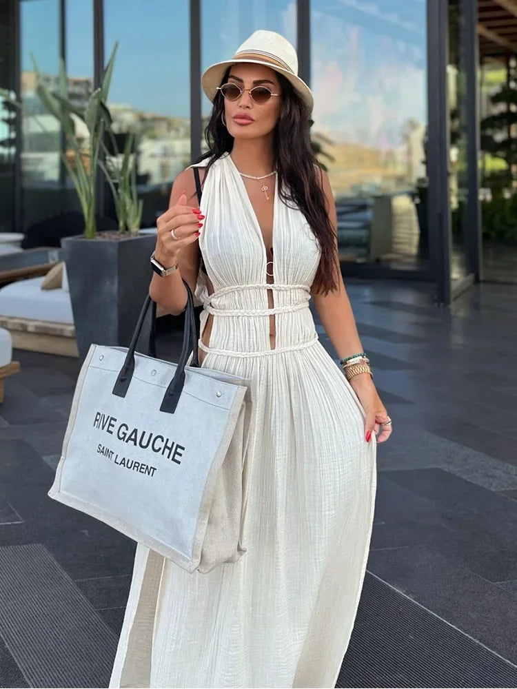 2025 Sexy Swimsuit Cover Up V Neck Back Open Beach Maxi Dress For Women Braided Belt Slit Long Tunic Vintage Party Dresses A2922