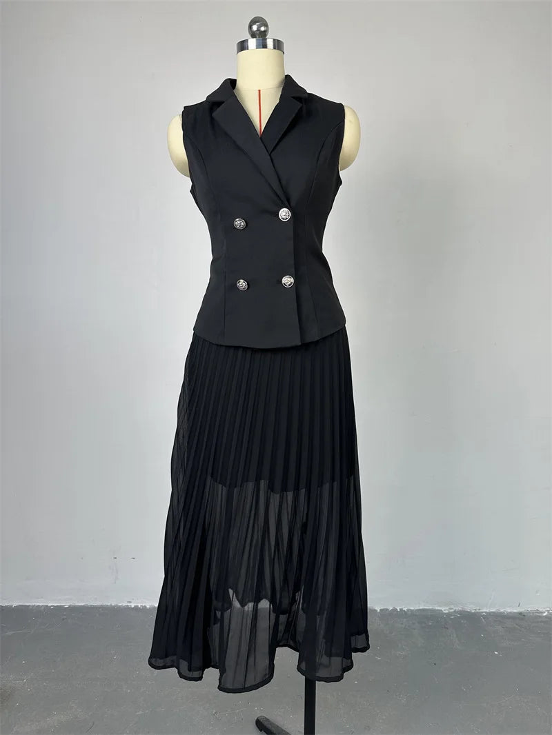 CM.YAYA Street OL Work Women's Set Sleeveless Vest Tops and Pleated Skirts Suit 2024 Summer INS Two 2 Piece Set Outfit Tracksuit