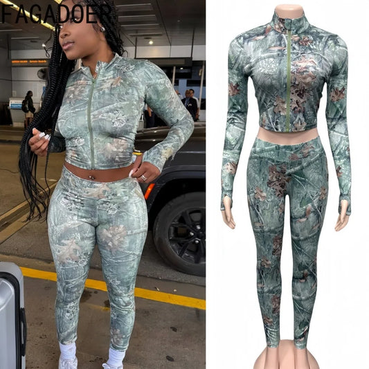 FAGADOER Y2K Fashion Pattern Printing 2 Piece Sets Woman Outfit Long Sleeve Zip Crop Top + Pants Matching Suit Female Streetwear