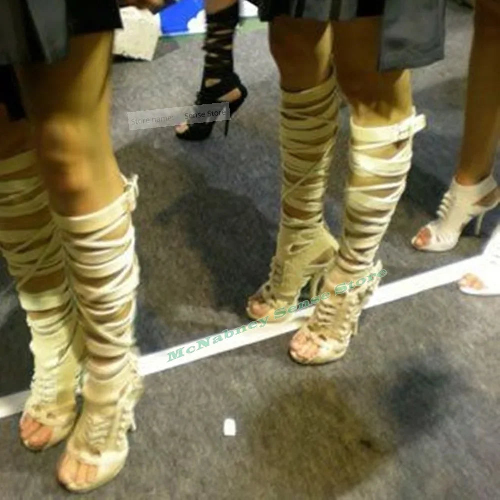 Open Toe Zippered Leather Stiletto Knee High Sandals For Women