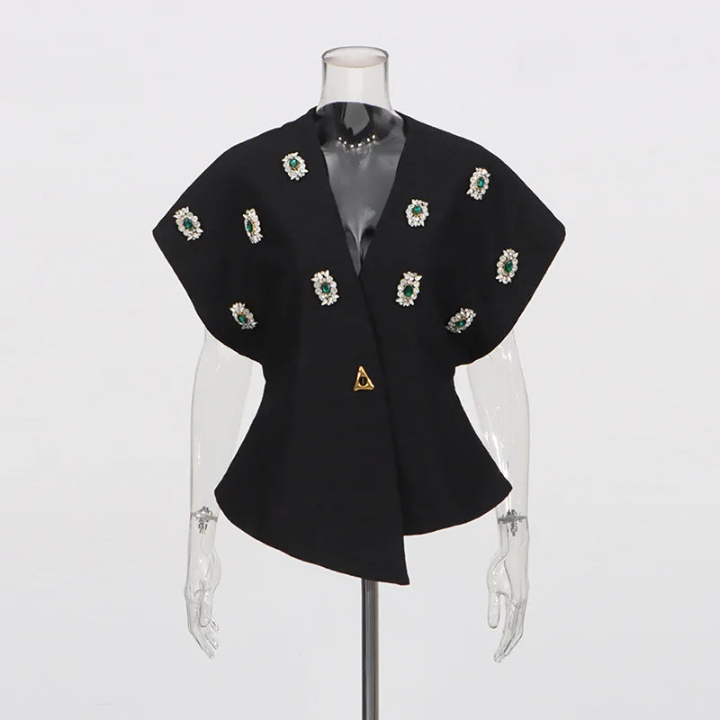 Black Diamond Encrusted Single Breasted Cropped Jacket For Women