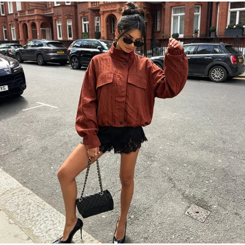 Casual Solid Loose Jacket Stand Collar With Big Pockets for Women