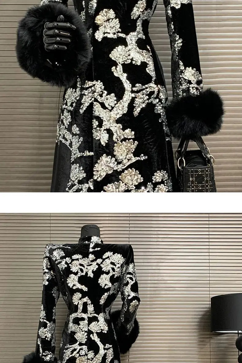 Black Velvet Sequins Windbreaker Coat Autumn/Winter New English style Luxury Sequin Embroidered Women's Coat