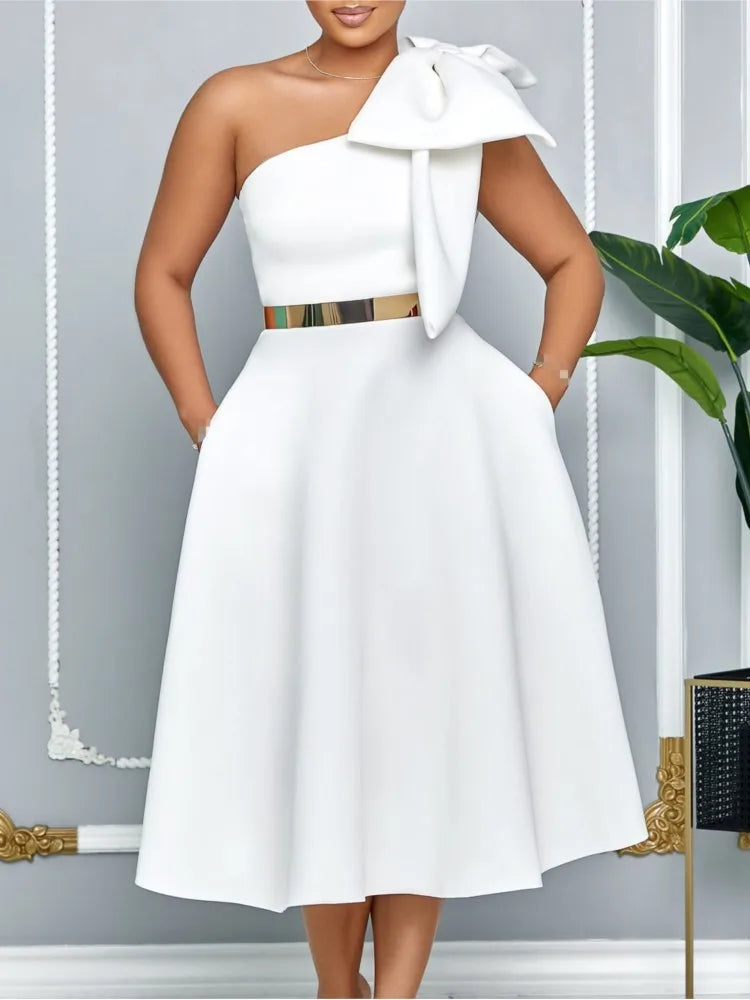 Dress One Shoulder A Line Pleated Knee Length Sleeveless Bow Belt Elegant Party Style