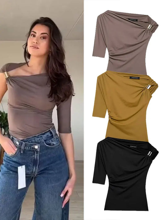 One Shoulder Wrinkled Sequin Top