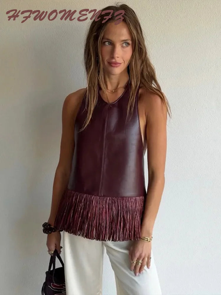 Faux Leather Patchwork Fringe Halter Top for Women