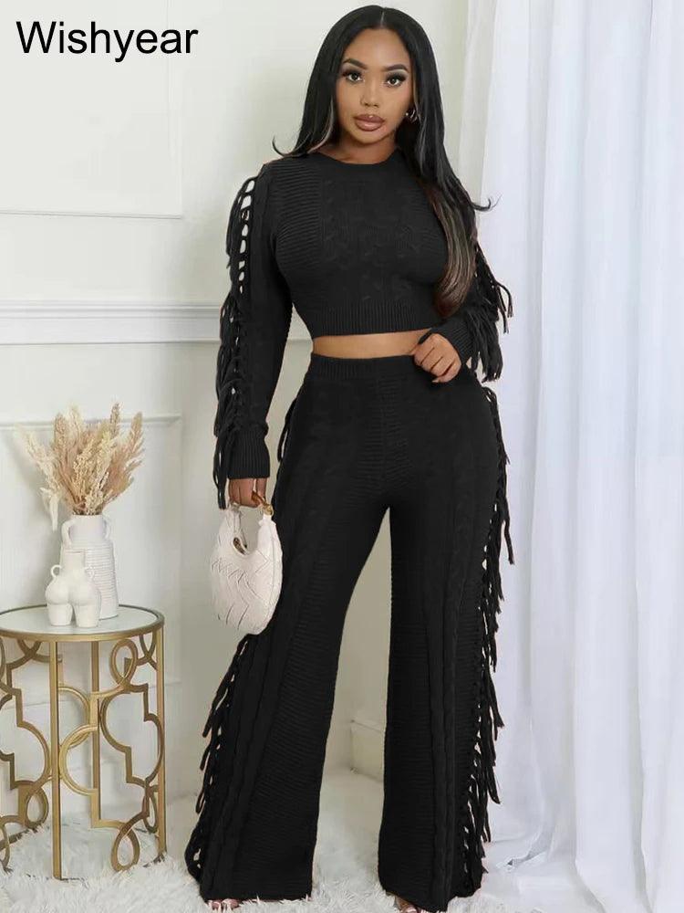 Casual Winter Warm Knitted Sweater Tassel 2 Piece Set  Women Long Sleeve Crop Top and Pants Streetwear outdoors vacation Outfits