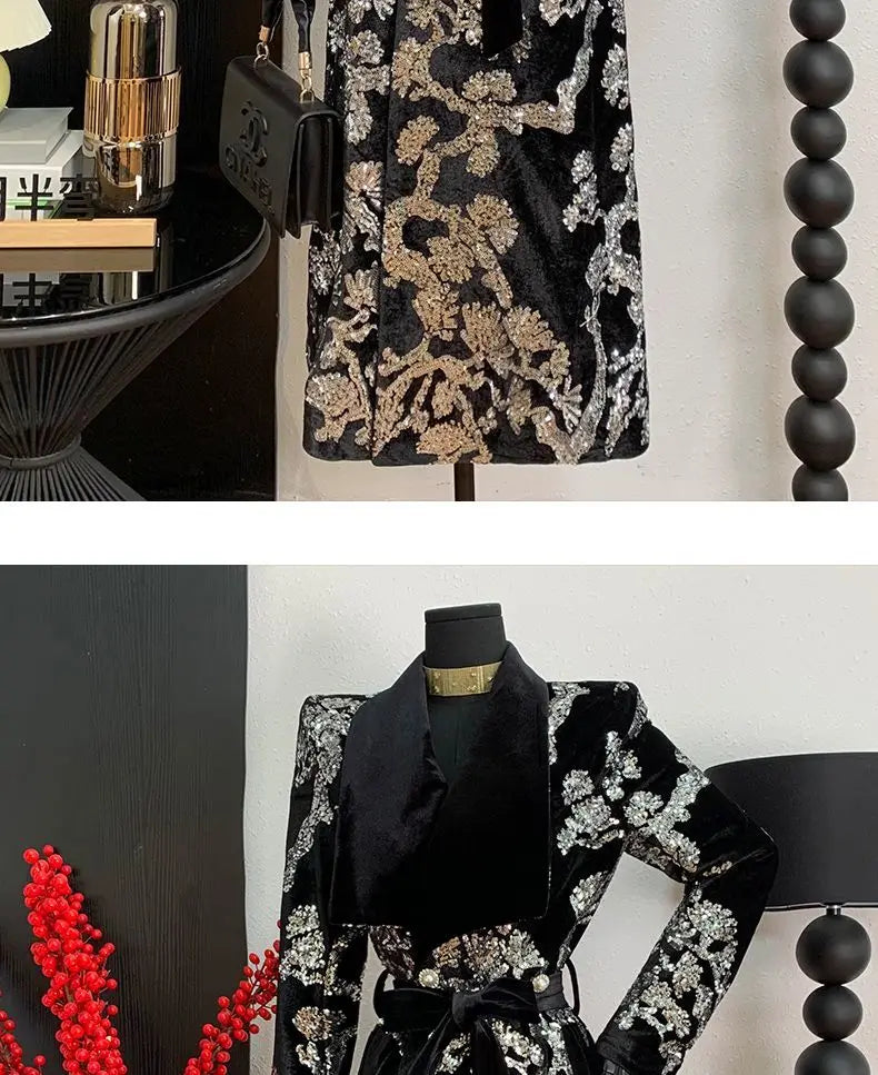 Adjustable Waist Windbreaker Coat Autumn/Winter New Sequins Trench Coat, Women's Coat, English Style Overcoat