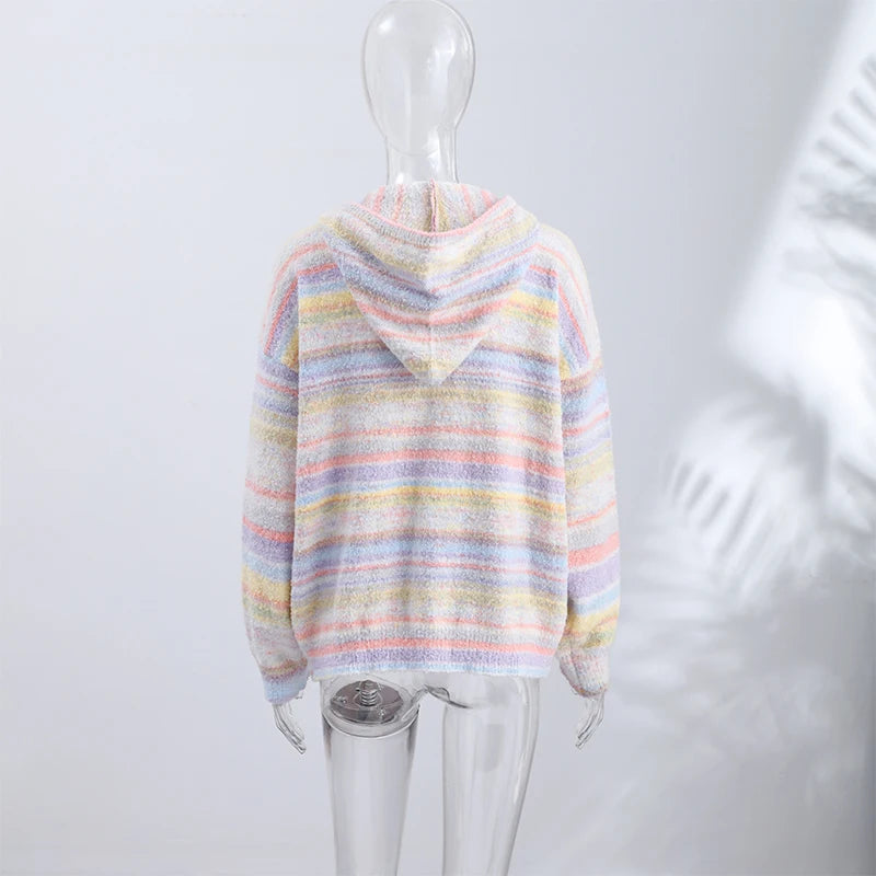 Colorful Rainbow Stripe Hooded Knit Cardigan for Women