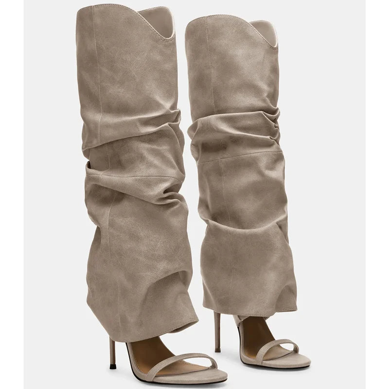 Pointed Toe Knee High Thin Heel Leather Boots for Women