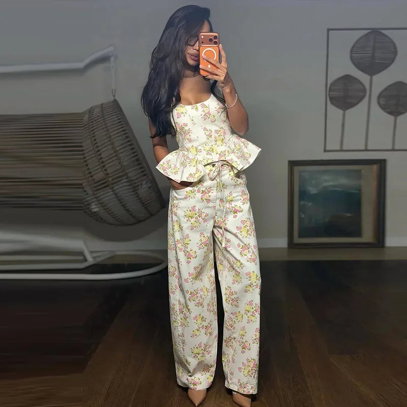 Urban Printed Vest and Wide Leg Pants Two Piece Set for Women