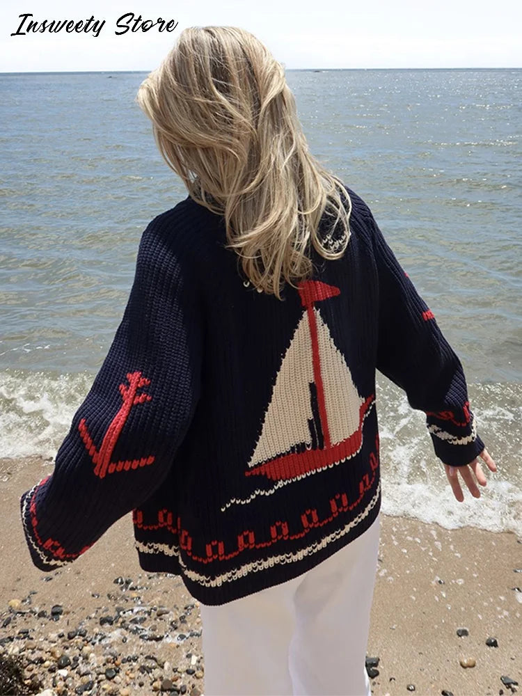 Cozy Jacquard Knit Turn-Down Collar Cardigan for Women