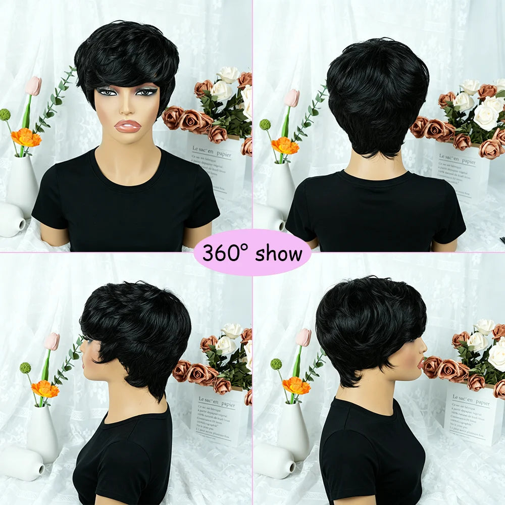 Pre Plucked Straight Human Hair Short Pixie Wig for Women