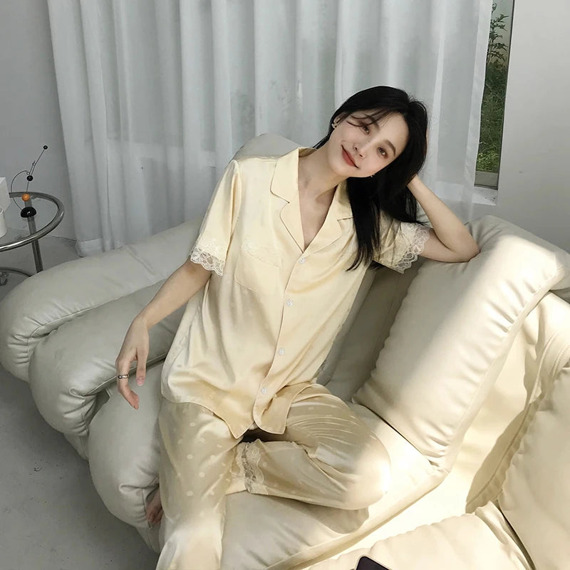 Y2k Pink Sweet Dot Lace Jacquard Women Pajamas French Romantic Lazy Lady Nightgown 2024 New Summer Korean Harajuku Home 2pc Set