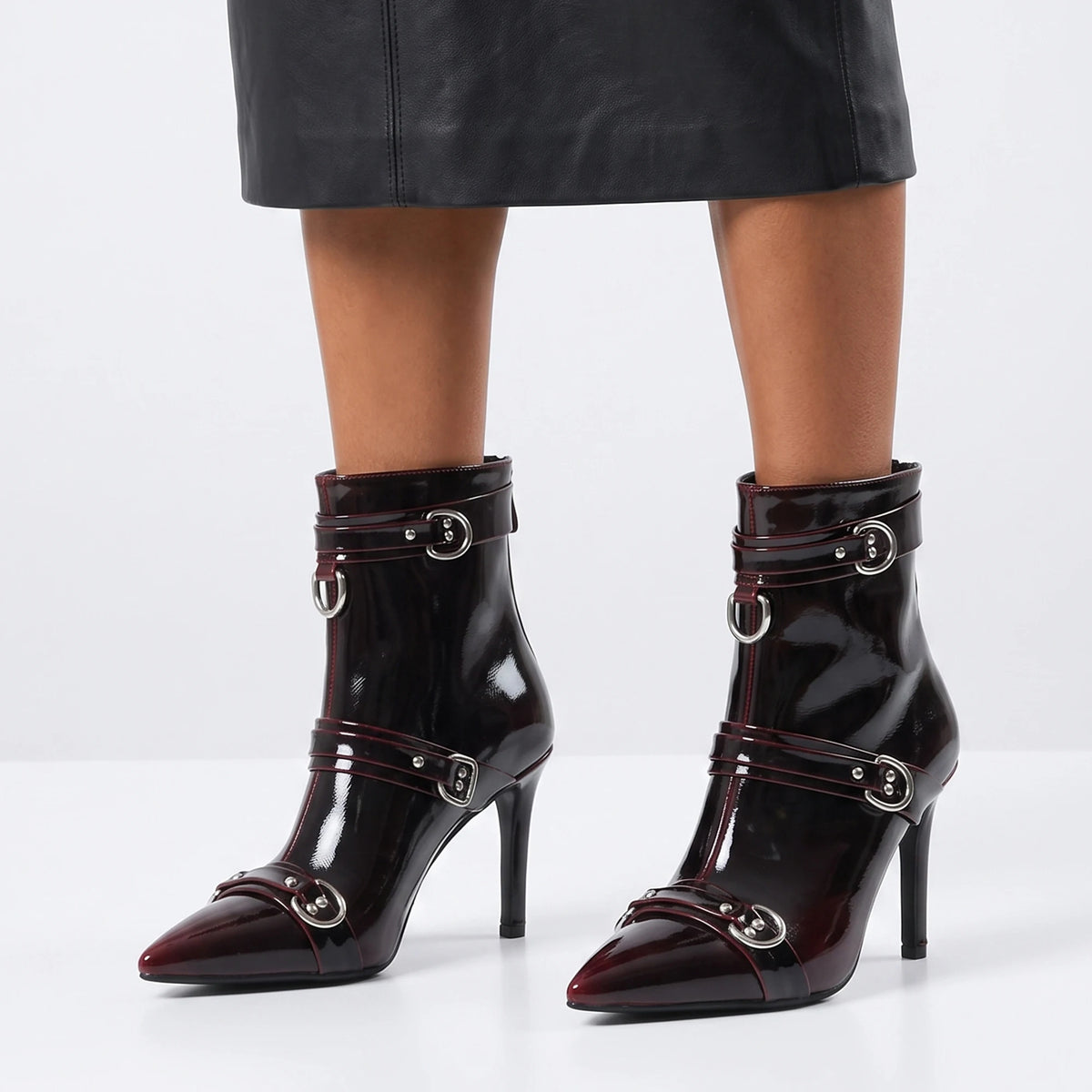 Burgundy Patent Leather Buckle Ankle Boots for Women