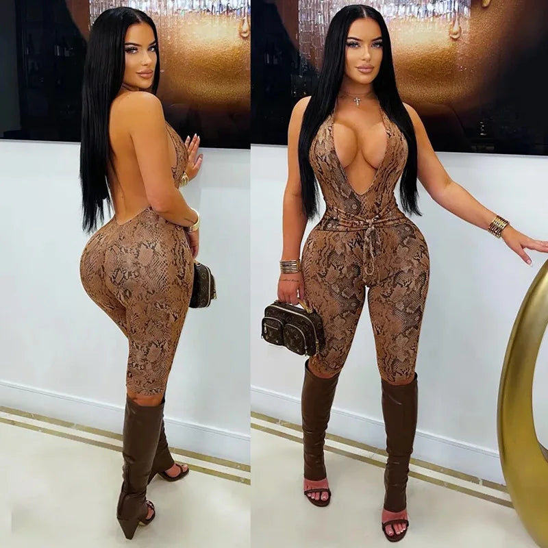 Sexy Halter Backless Patchwork Python Print Bodycon Jumpsuit for Women