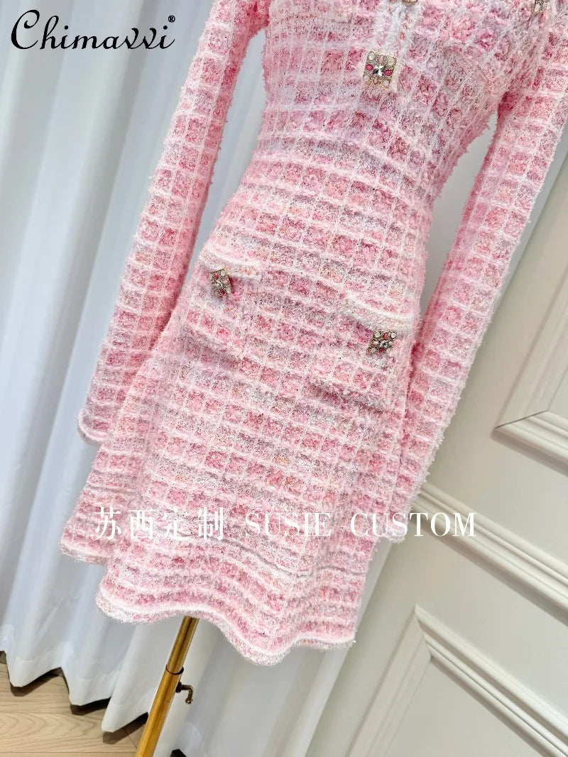 High-end French Heavy Color Diamond Button Plaid Knitted Round Neck Long Sleeve Dress Fashion Round Neck Elegant Sweater Dress
