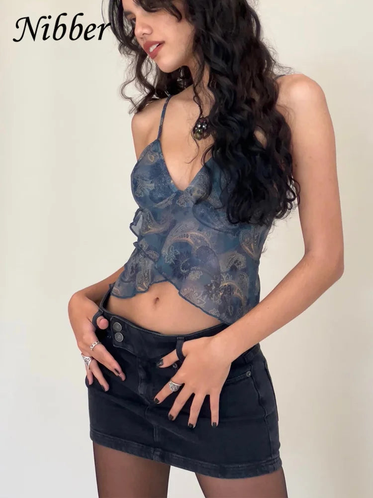 Nibber Mesh See Through Printed Vest Women Sexy Casual V-neck Sleeveless Suspender Camisole Patchwork Tank Top Streetwear