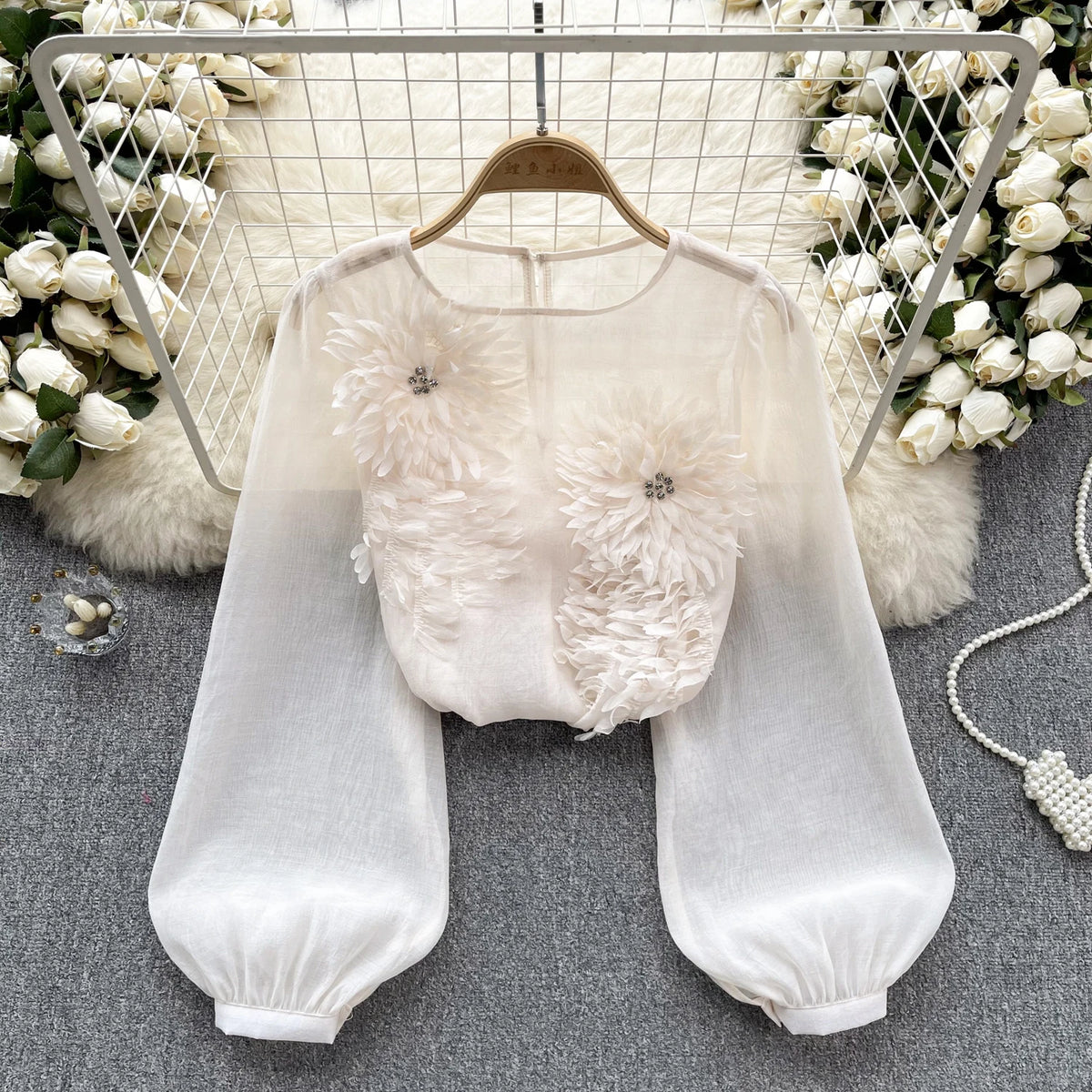 Sheer Floral Bohemian Long Sleeve Satin Blouse for Women