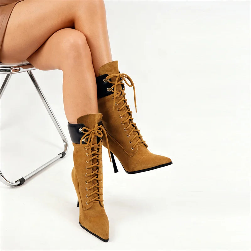 Pointed Toe Lace Up Stiletto Mid Calf Boots for Women