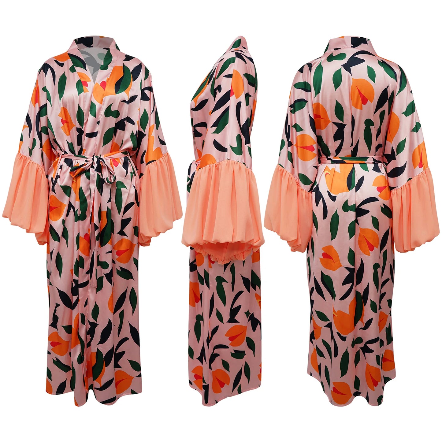 Vintage Floral Printed Chiffon Long Cardigan With Ruffle Sleeves for Women