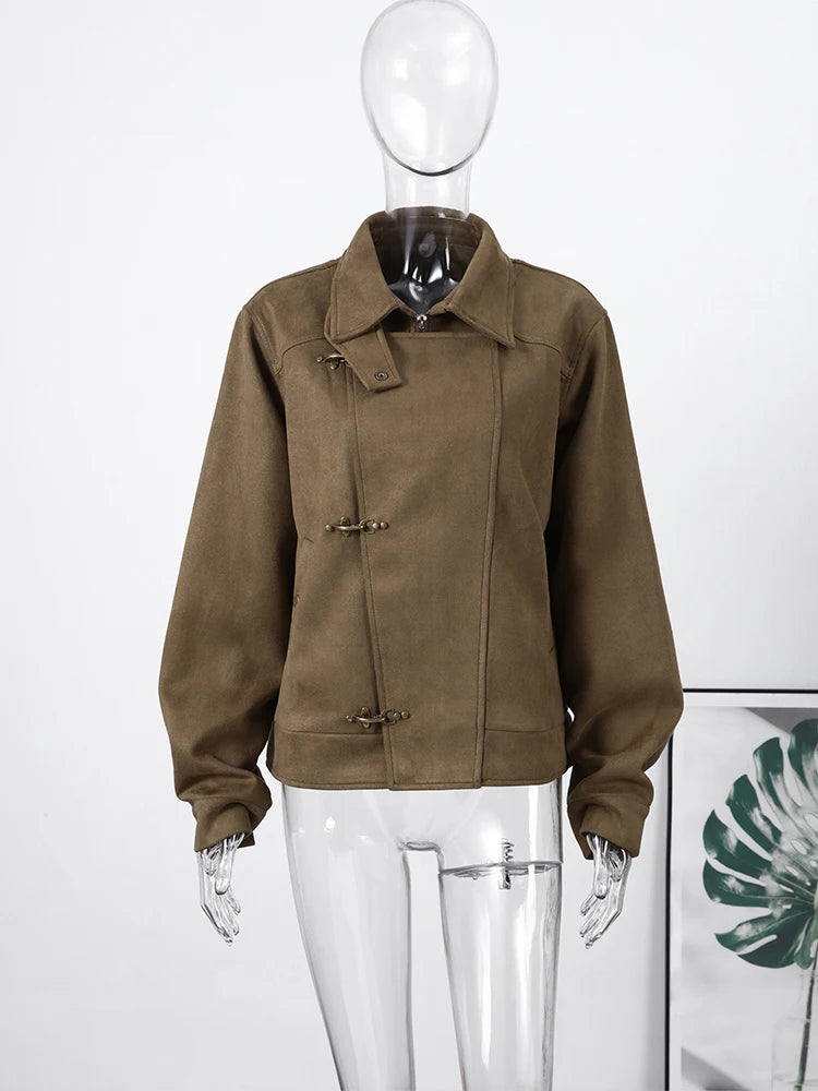 Elegant Metal Button Asymmetric Coat With Turn Down Collar for Women