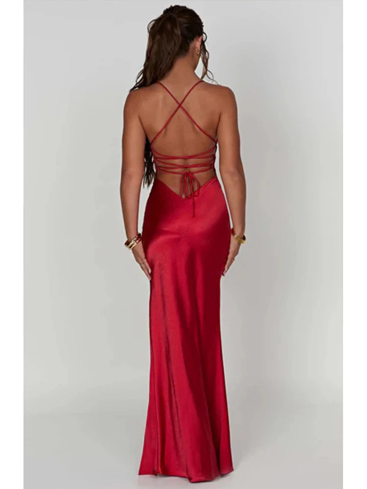 Elegant Backless Satin Maxi Dress With Lace Up For Women