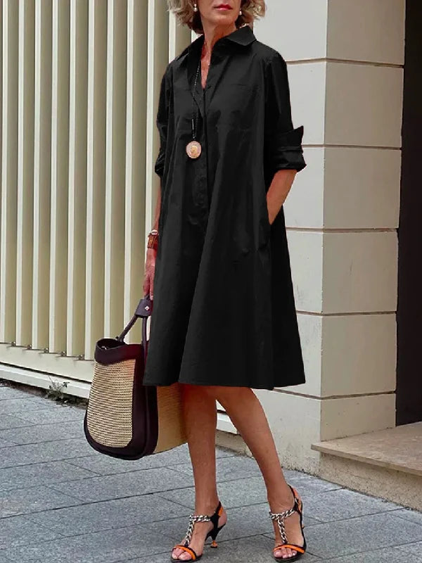 Yeezzi 2025 New Women's Lapel Shirts Dress Fashion Simple Solid Color Long Sleeves Loose H-line Casual Office Midi Dresses