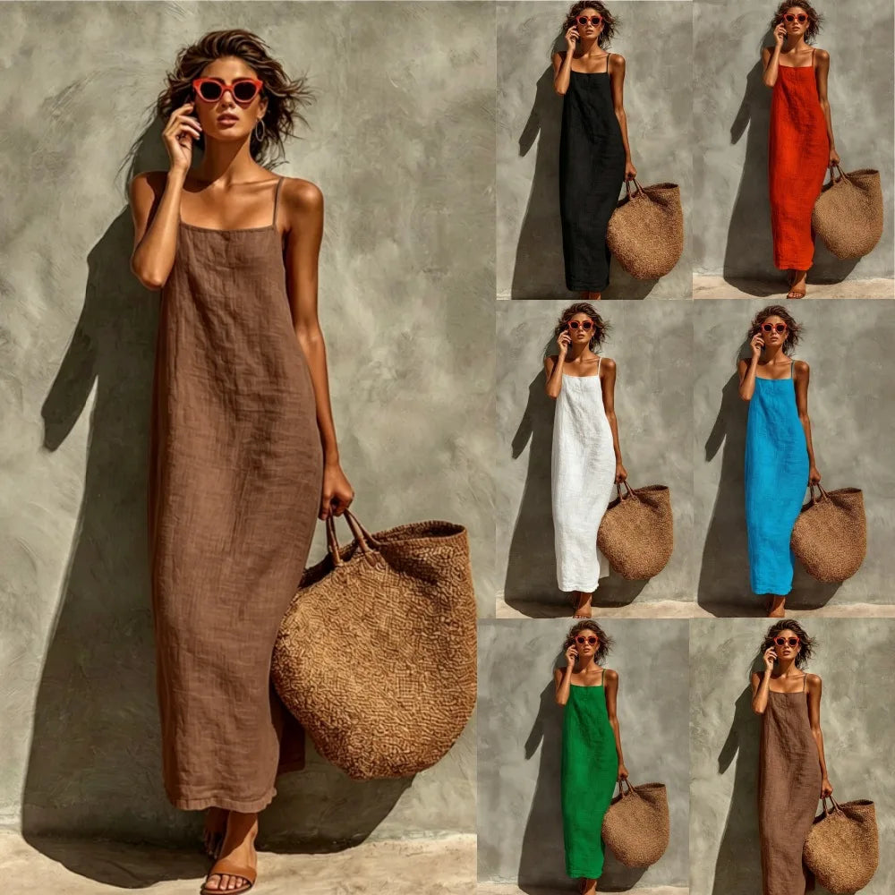 New Solid Color Square Neck Spaghetti Strap Linen Maxi Dress for Women