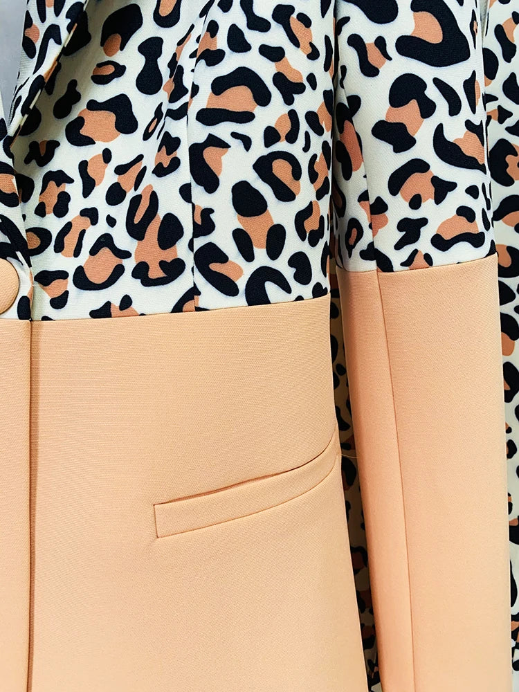 HIGH STREET Newest Fashion 2026 Designer Suit Set Women's Single Button Leopard Printed Color Block Blazer Flare Pants Suit