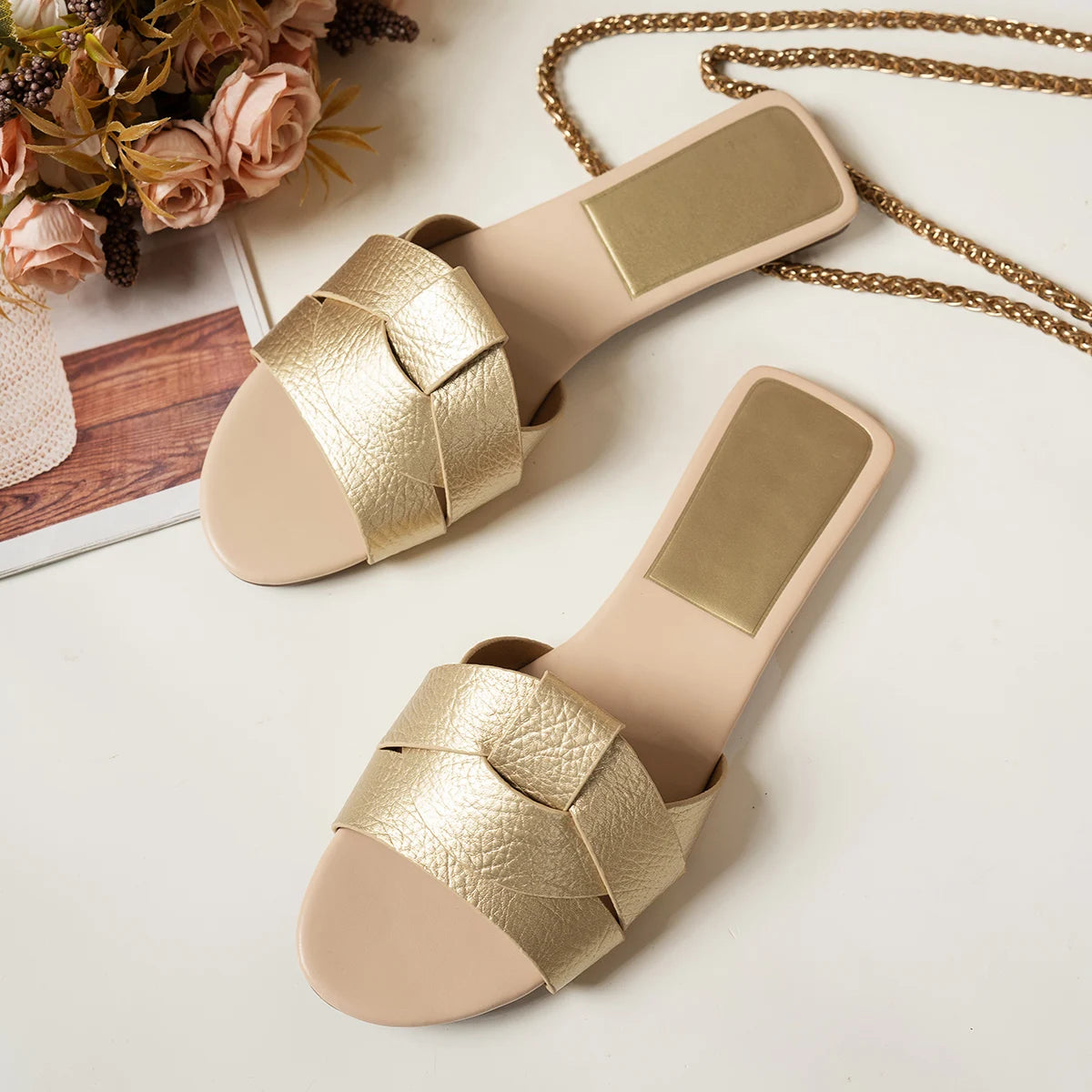 Gold Woven Cross Tie Slides