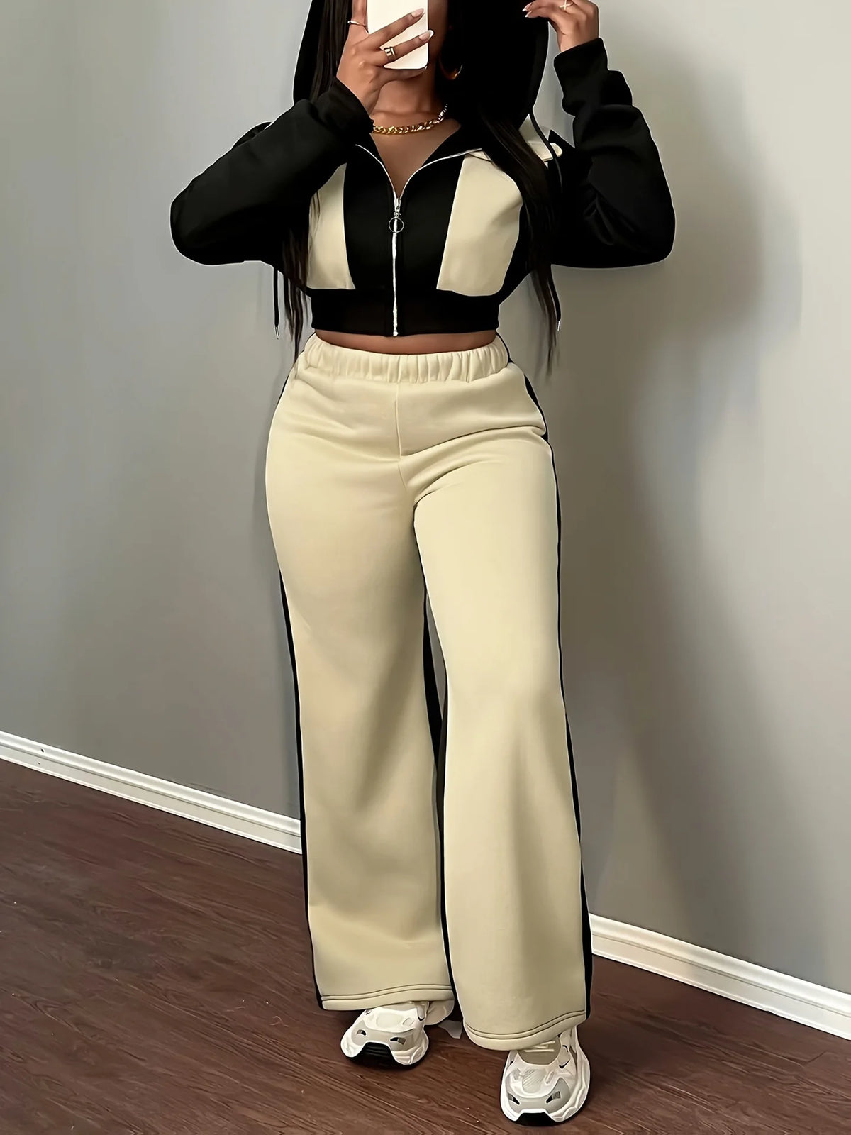 Hooded Two Piece Top and Pants Matching Set for Women