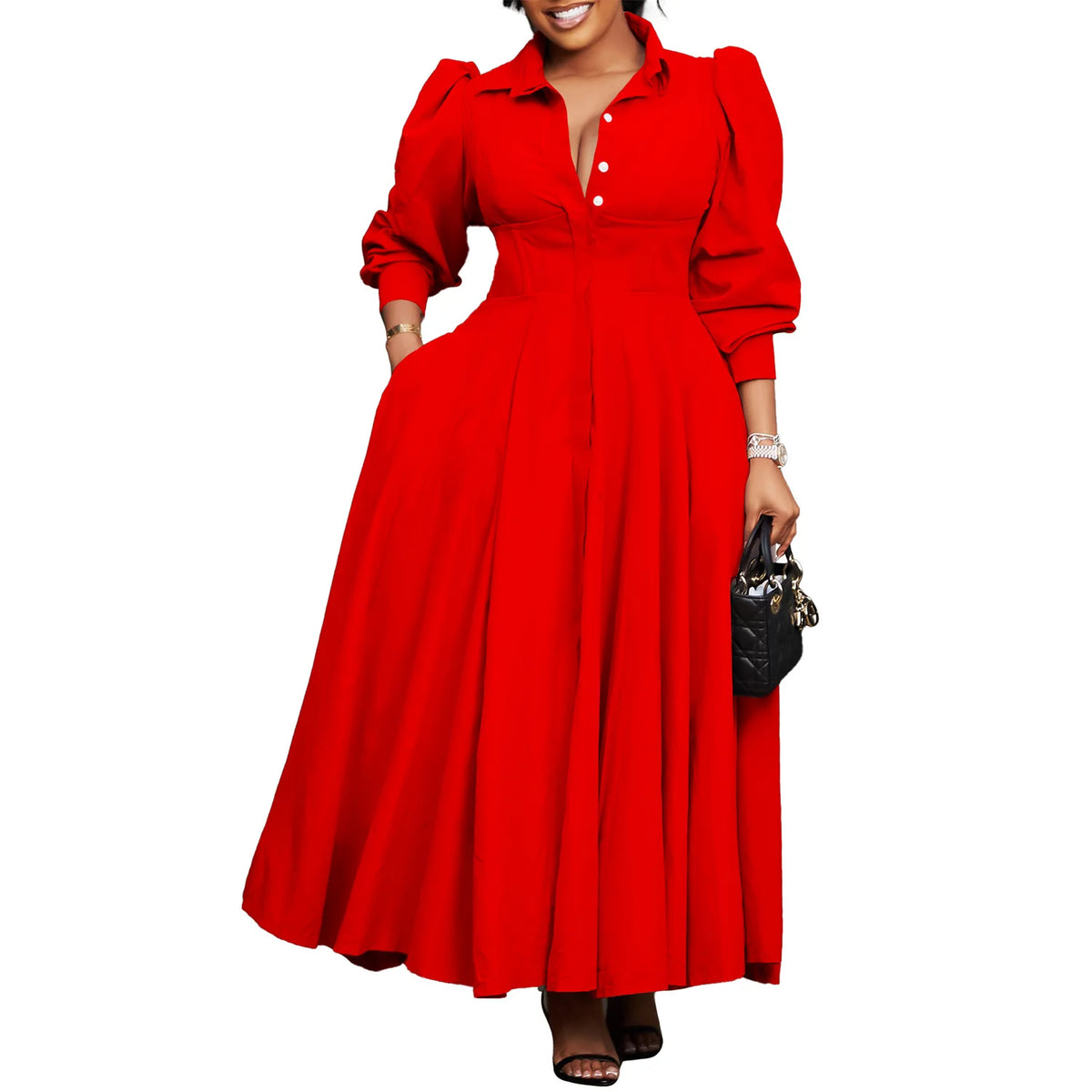 Plus Size V-Neck Long Sleeve Ankle-Length Dress for Women