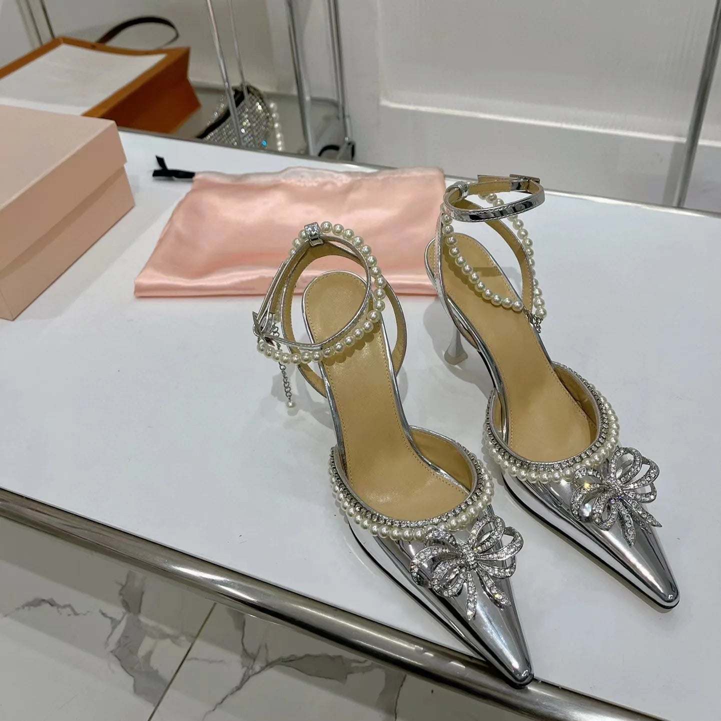 Candy Color Crystal Bow Pearls Buckle Sandals Design Women Rhinestones Bow Pointed Toe Pearls Buckle Slingback 8Cm Heel Sandals