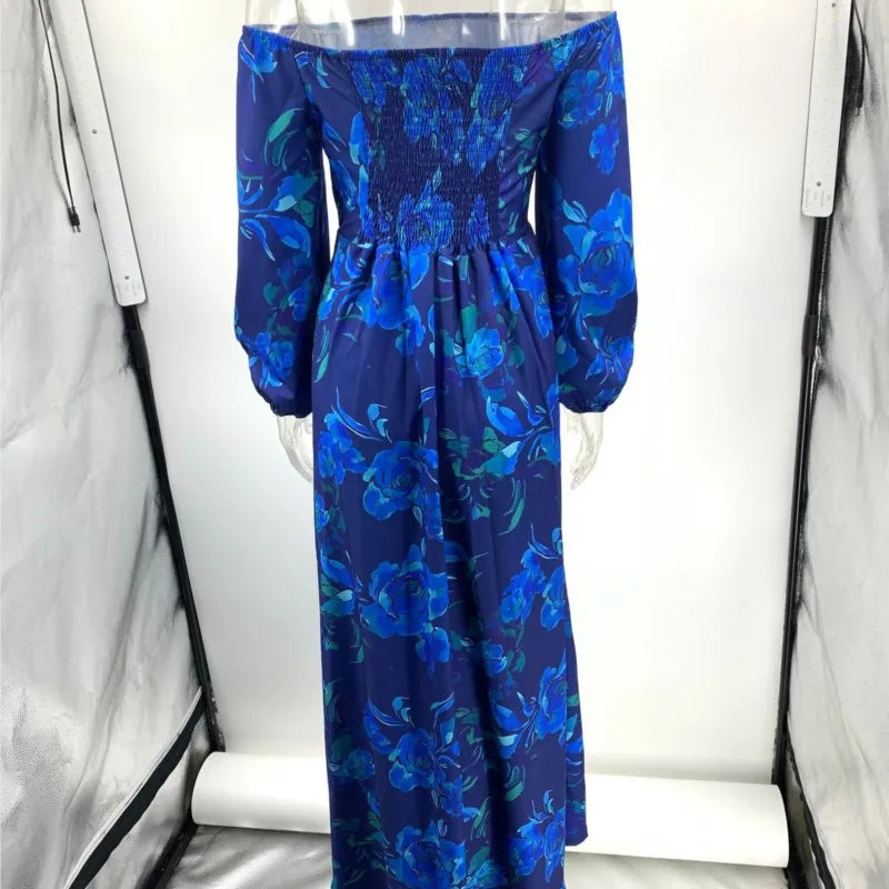 Vintage Pattern Print Long Dress Women Sexy Off Shoulder Long Sleeve Party Dress Fashion Waist Pleat Loose Hem Beach Dress
