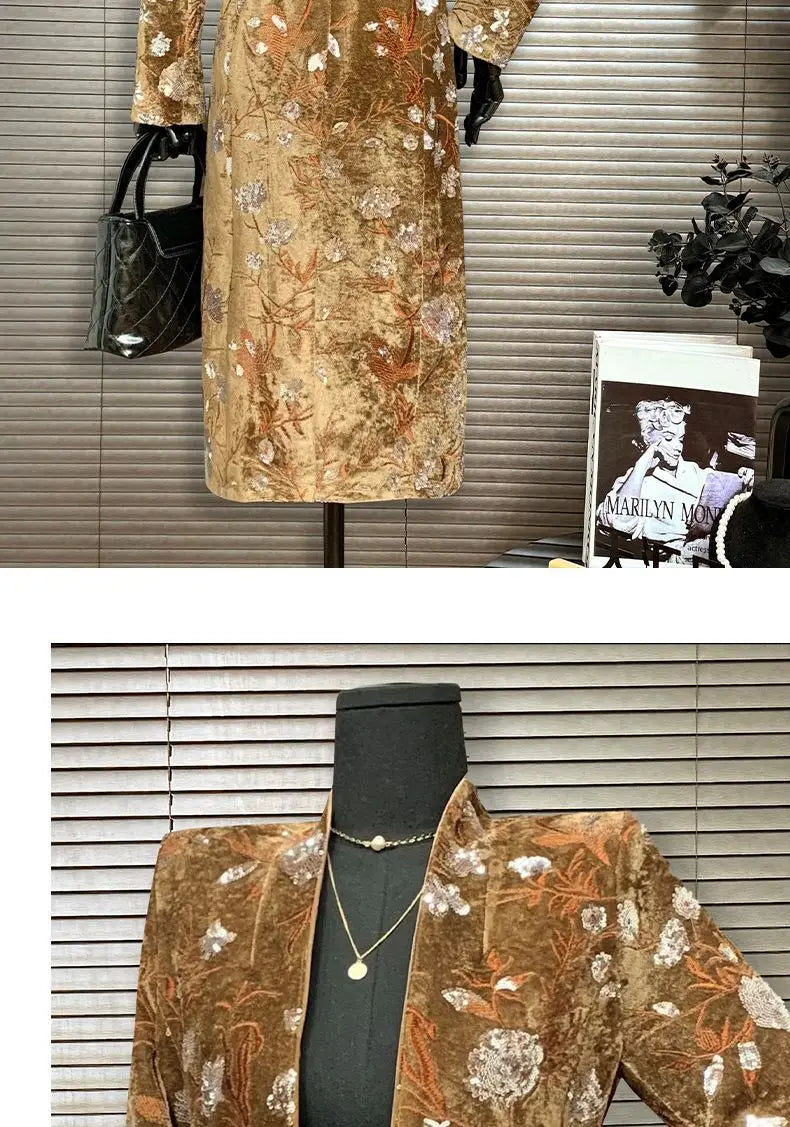 Golden Velvet Adjustable Waist Windbreaker Coat Autumn/Winter New English style Luxury Sequin Embroidered Women's Coat