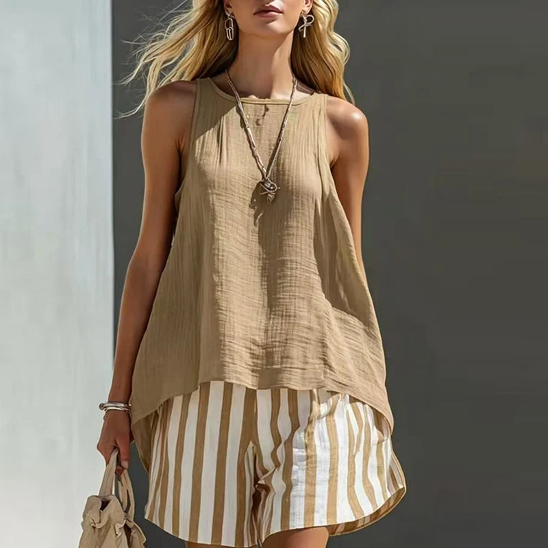 Summer Beach Casual Sleeveless Top and Shorts Set for Women