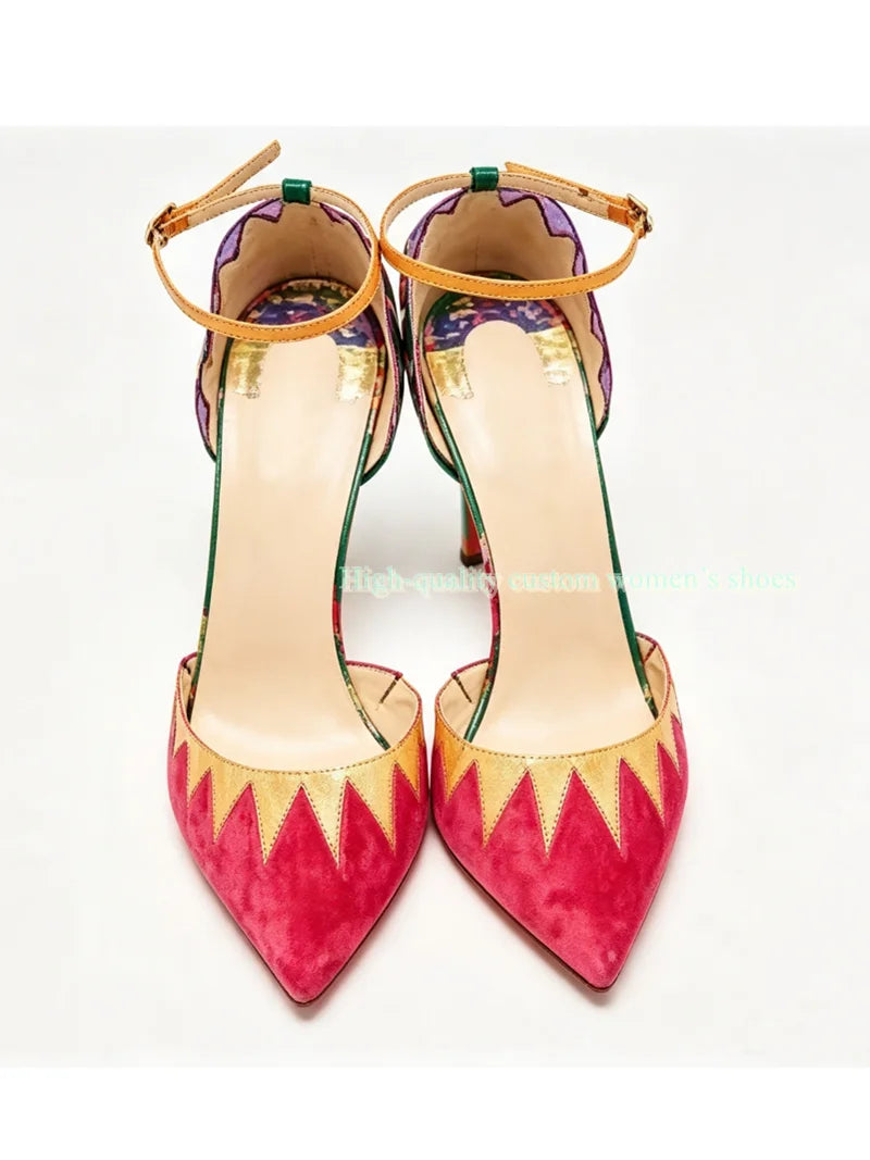 Rainbow Velvet Pointed Toe Stiletto Sandals For Women