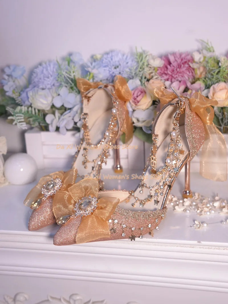 Elegant Pink Bow And Rhinestone Stiletto Wedding Pump For Women