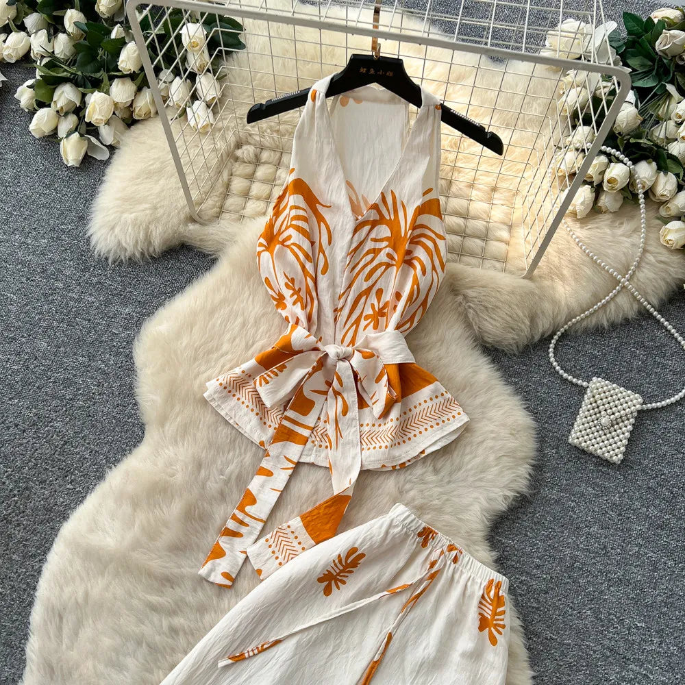 Boho Print Lace-Up Tank Top and Wide-Leg Pants Set for Women