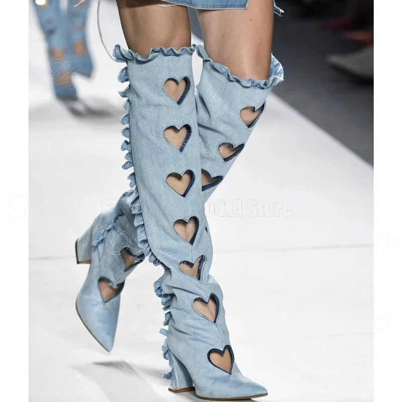 Chunky Heel Pointy Toe Denim Boots With Side Zipper For Women
