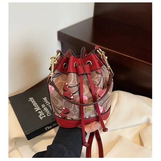 "2025newTextured Bucket Bag Women Artisan Drawstring Shoulder Purse Vintage Motif Crossbody Heritage Accent Carrier"