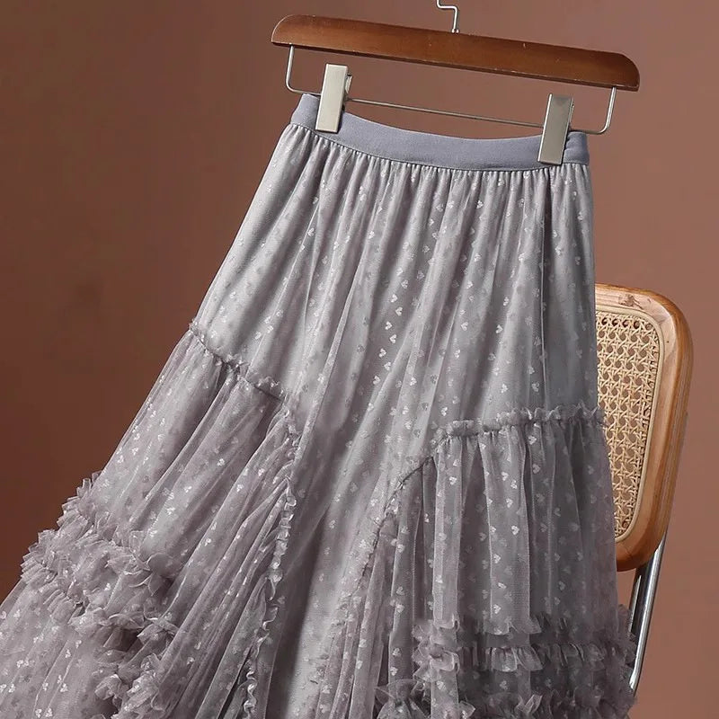 Romantic Vintage Jacquard Tulle Puff Skirt for Women