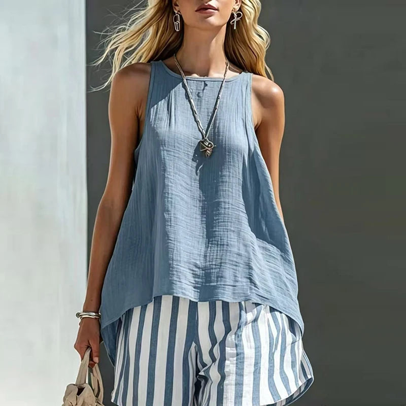 Casual Summer Sleeveless Vest And Shorts Two Piece Set for Women
