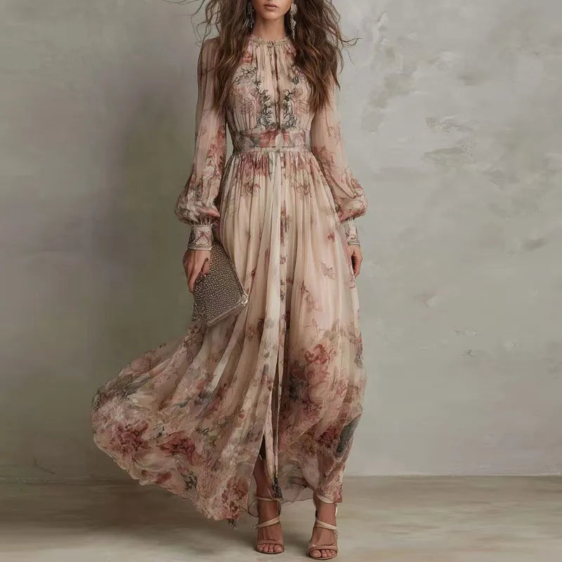 Vintage Floral Pleated Long Sleeve Maxi Dress for Women