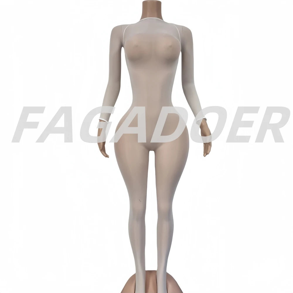 FAGADOER Summer New Sexy Mesh See Through Bodycon Jumpsuit Woman Long Sleeved Round Neck Rompers Female Party Club Overalls