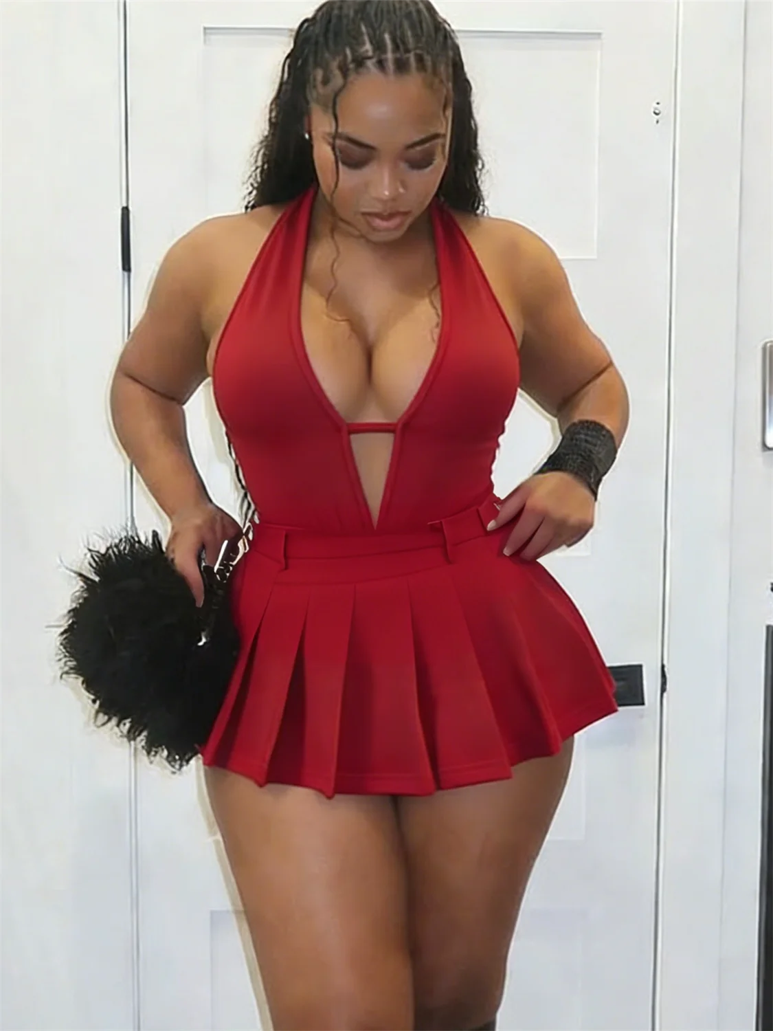 Deep V Neck Ruched Patchwork Bodycon Dress for Women