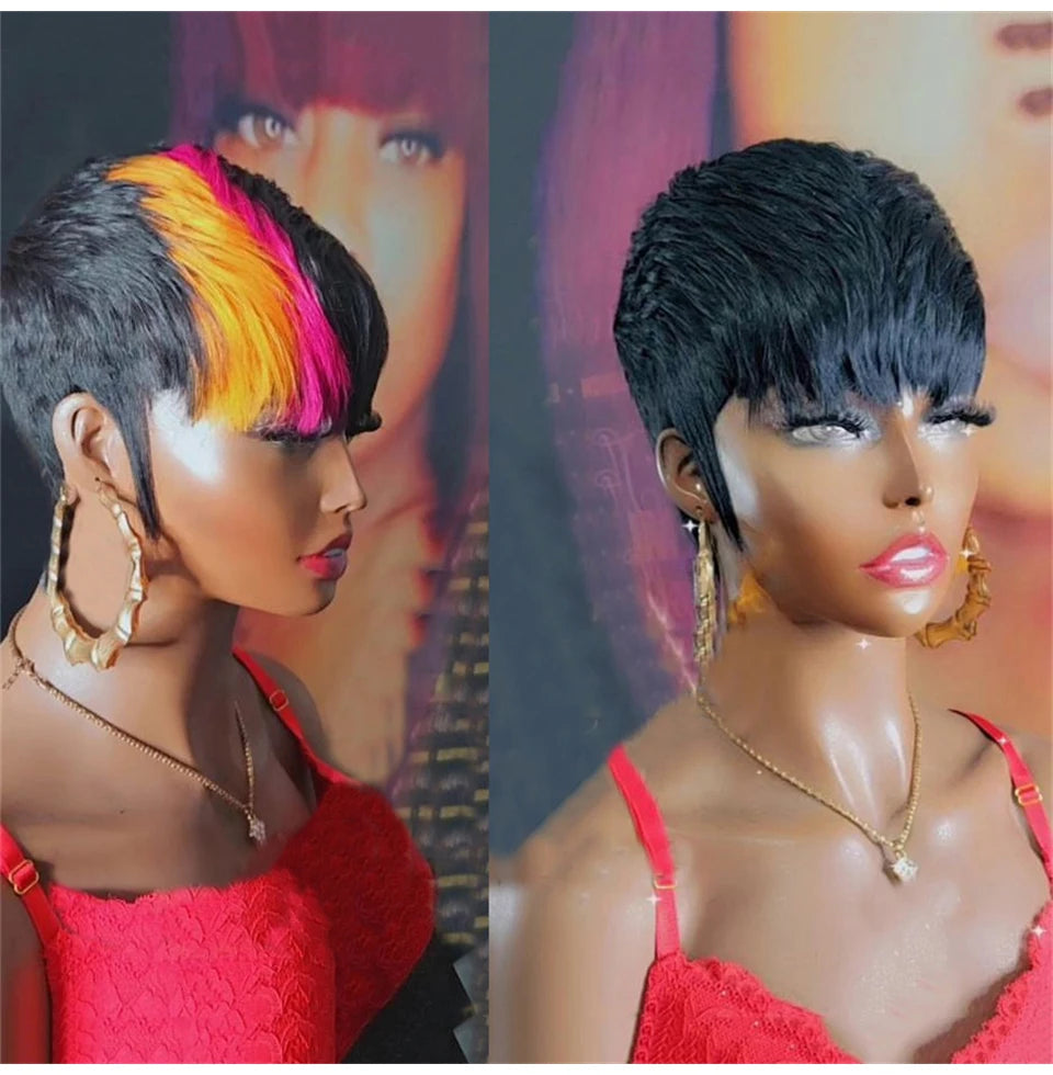 Short Layered Pixie Cut Human Hair Wig With Bangs for Women