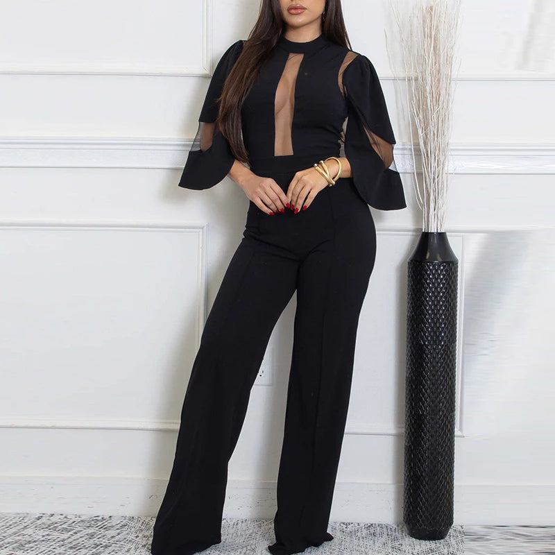 Office Lady O-neck Short Sleeved Romper Fashion Party Solid Color Long Pants Playsuit Mesh Splicing High Waist Straight Jumpsuit