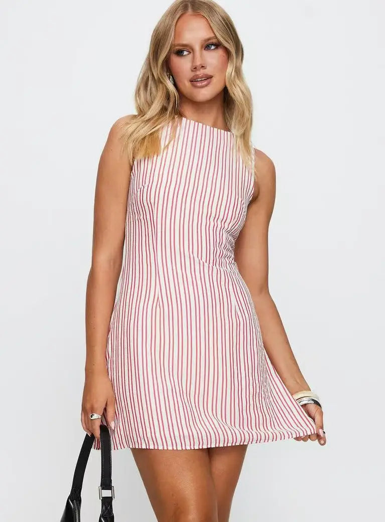 Casual Striped Print Crew Neck Sleeveless Mini Dress for Women